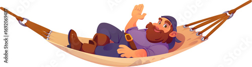 Cheerful cartoon pirate ship crew corsair character relaxing in a hammock, waving with a friendly smile. Isolated vector rover personage dressed in headscarf radiates laid back, carefree vacation vibe