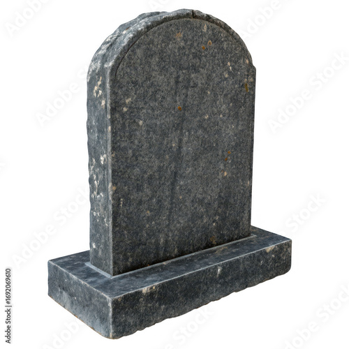 A weathered gray tombstone stands isolated on transparent background, a solemn memorial to the departed