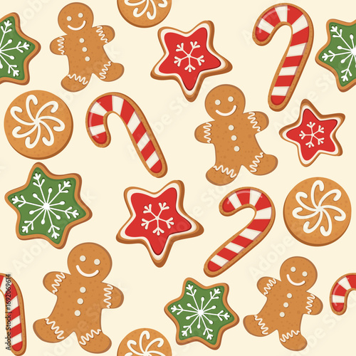 Christmas seamless pattern with gingerbread, Christmas traditional cookies and candies, seasonal winter design.
