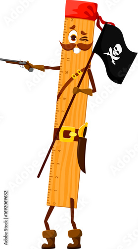 Cartoon ruler education school stationery pirate and corsair crew character holding black flag. Vector measuring tool personage shoot with a gun, ready for high seas adventures and plundering treasure
