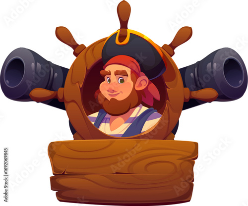 Cartoon Caribbean pirate and corsair game icon and heraldry emblem with corsair peeking through a wooden ship wheel with large cannons on each side. Isolated vector crest for nautical adventure