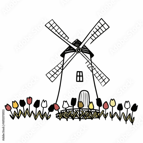 Minimilist illustration of a windmill with rotating blades surrounded by colorful tulips in a garden setting vector