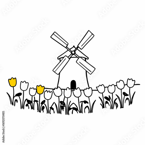 Minimilist illustration of a windmill with tulip flowers in a field with two yellow tulips on a white background vector