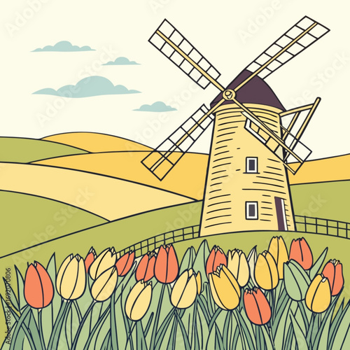 Minimilist illustration of a windmill standing in a tulip field with rolling hills and a cloudy sky above it vector