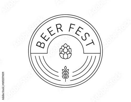 Beer Festival logo badge featuring a beer theme. Circular linear Beer Festival label sticker. Set against a blue and white background.