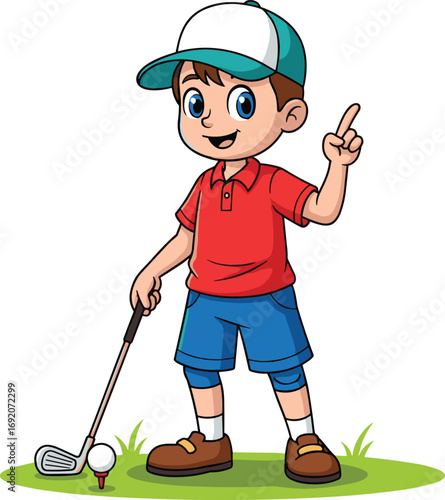 Cartoon boy playing golf illustration, child sports activity vector, outdoor fun character design, golf club and ball artwork, youth athletic icon set