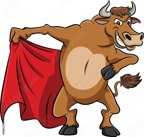 Cartoon bull matador pose, red cape character, upright animal, confident expression, humorous twist, role reversal, funny illustration, bullfighting parody, playful concept art