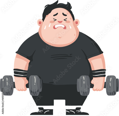 Fat man struggles with heavy dumbbells during workout isolated on transparent background. Vector illustration.