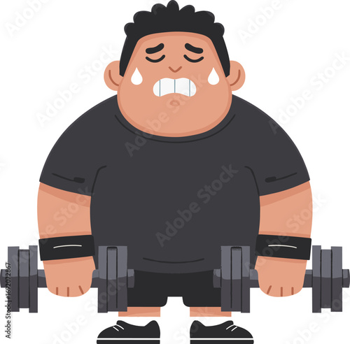 Man struggles with heavy dumbbells during workout in a gym isolated on transparent background. Vector illustration.