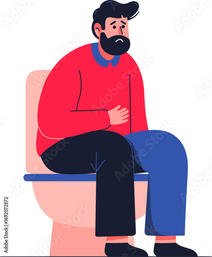 Man sitting on toilet looking uncomfortable due to stomach ache isolated on transparent background. Vector illustration.