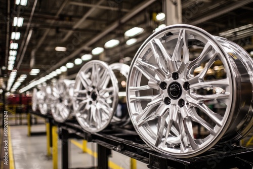 Polished aluminum alloy wheels in a manufacturing facility.