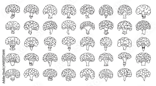 A grid of detailed black and white broccoli florets in a silhouette style