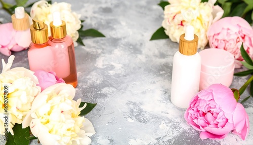 Pink and white peonies surround cosmetic bottles on a gray surface