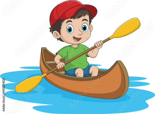 Cartoon child paddling canoe, outdoor adventure, water activity, red cap, yellow paddle, nature fun, happy expression, summer recreation, playful character, boating illustration