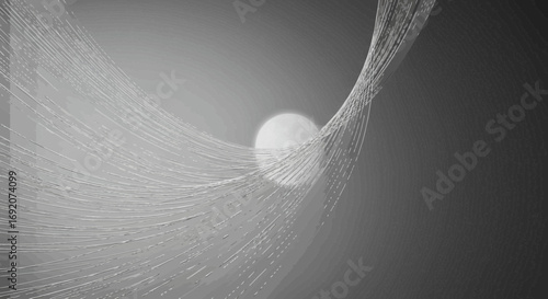 Abstract monochrome design with curved lines and central luminous sphere