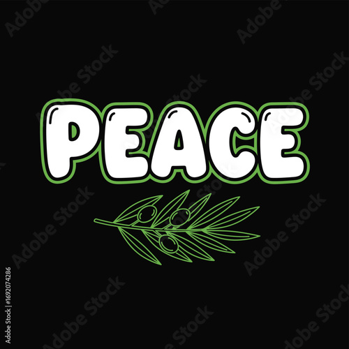 Vector art of the word peace in white bubbly letters with a green olive branch underneath, symbolizing peace and harmony, isolated on a tshirt design