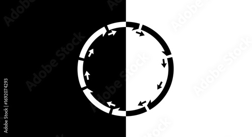 Arrows Circle in Black and White, Circular Flow Concept with Contrasting Background