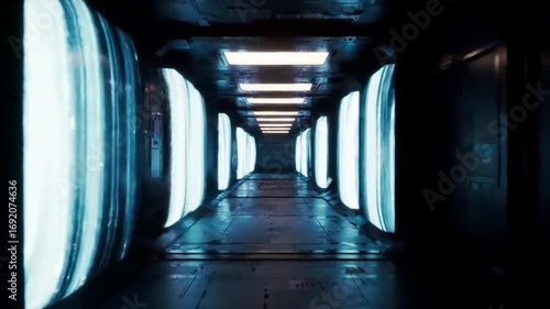 Futuristic tunnel with glowing portals offers a modern sci-fi feel for your next project or presentation, hinting at advanced technology and digital realms