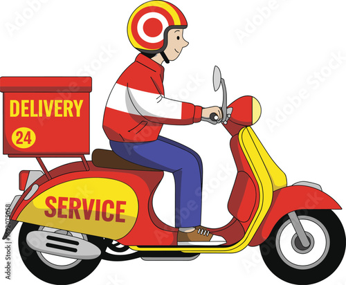 Cartoon delivery rider on scooter, red and yellow vehicle, 24-hour service, helmet and jacket, fast courier, urban transport, package delivery, character illustration