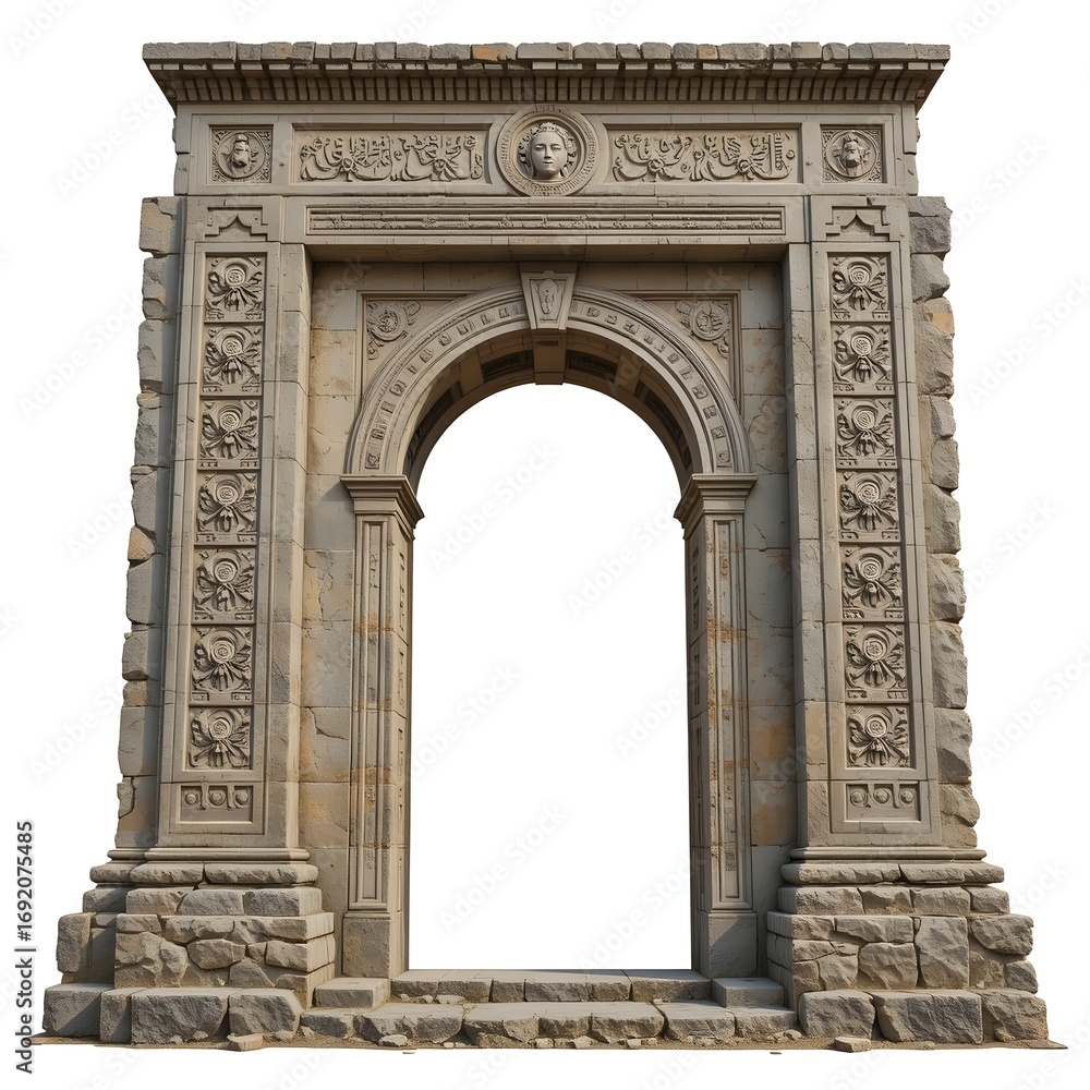 Obraz premium Ancient stone archway with intricate carvings isolated on white background
