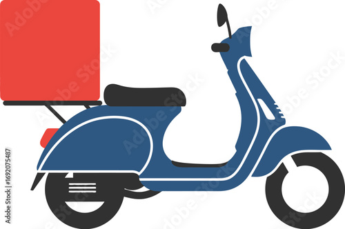Blue scooter with red delivery box ready for quick urban transport.