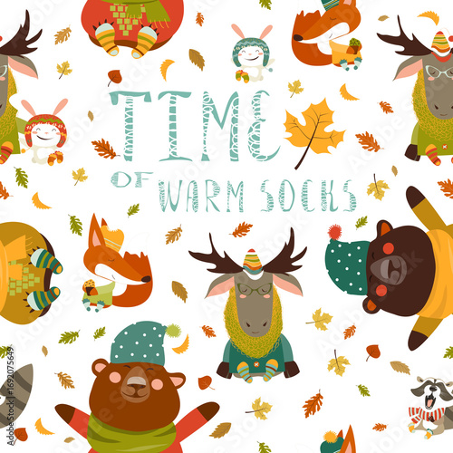 Vector autumn forest seamless pattern with cute animals