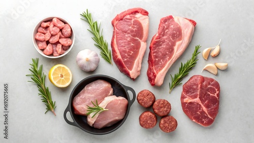 An overhead food photography image of assorted raw meat and poultry including beef, pork, and chicken. Steaks, ribs, meatballs, drumsticks, and ground meat are styled with rosemary, garlic, and lemon