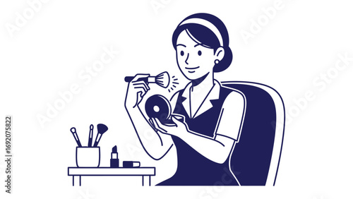 Young woman applying makeup with a brush and compact powder while sitting at a table with beauty products and brushes