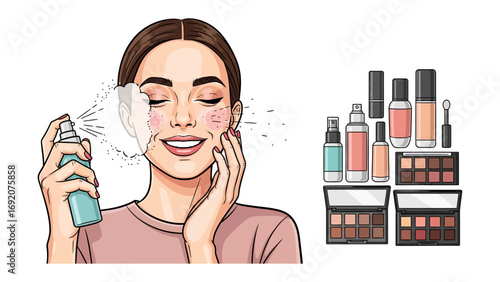 Young woman with eyes closed applying facial mist spray to her face with makeup products and palettes arranged nearby for beauty routine