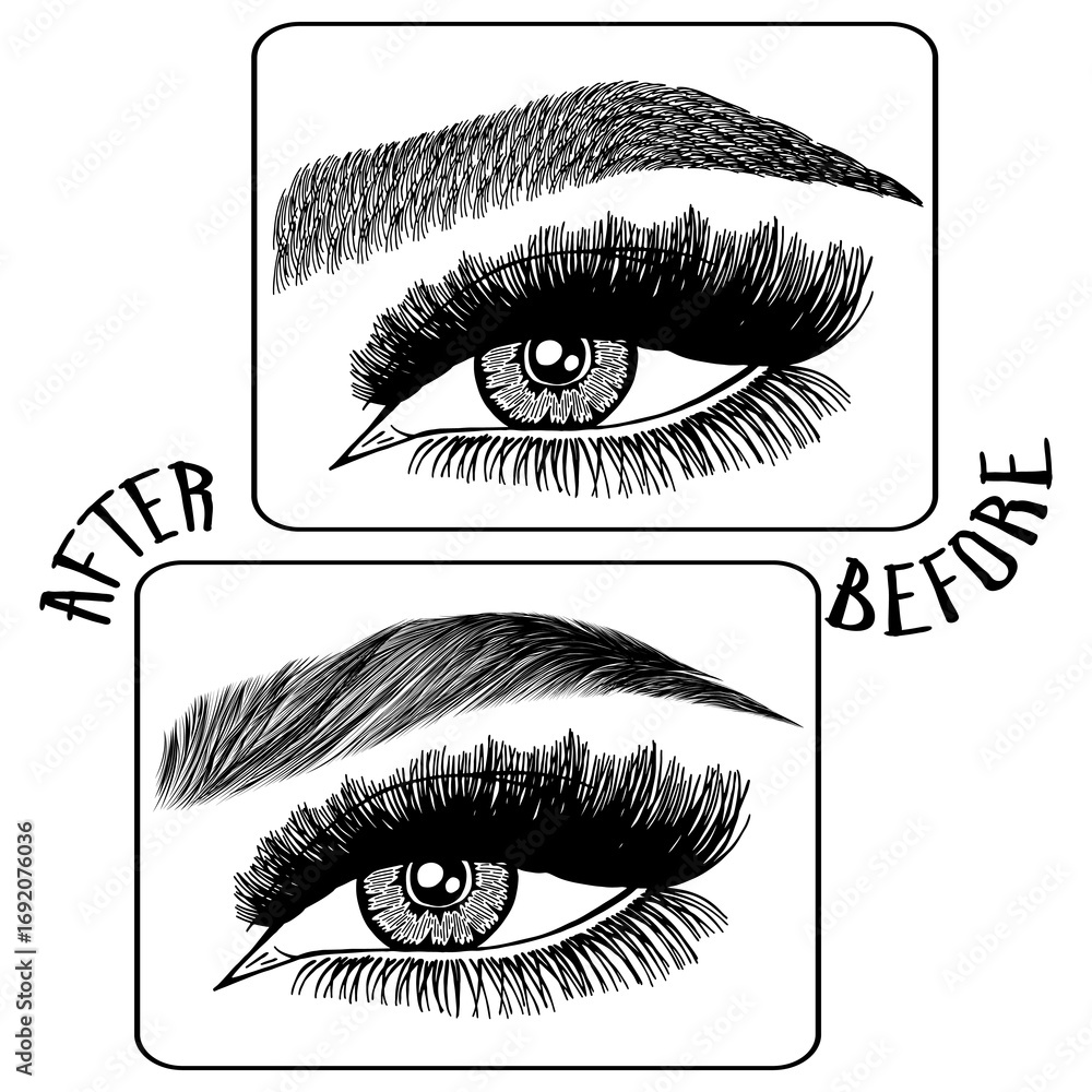 Fototapeta premium Illustration with woman's eyes, eyelashes and eyebrows. Makeup Look. Tattoo design. Logo for brow bar or lash salon. Before and after coloring care. Set of well-groomed and shaggy eyebrows.