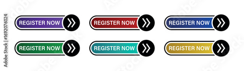 Colorful Register Now Button Set with Arrow Icons in Multiple Styles for Website, Landing Page, Online Form, Event Signup, Webinar Registration and Digital Marketing Design