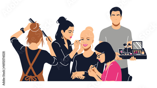 Diverse group of aspiring makeup artists learning and practicing cosmetic application techniques in a professional beauty school or workshop setting