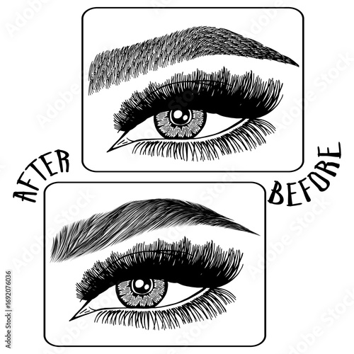 Illustration with woman's eyes, eyelashes and eyebrows. Makeup Look. Tattoo design. Logo for brow bar or lash salon. Before and after coloring care. Set of well-groomed and shaggy eyebrows.