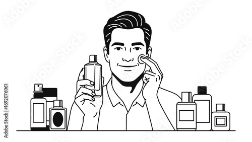 Modern man applying skincare product with a collection of grooming bottles and containers arranged artistically around him