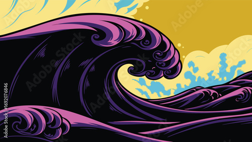 Vector Illustration of a Surfing Wave in the Atlantic Ocean.