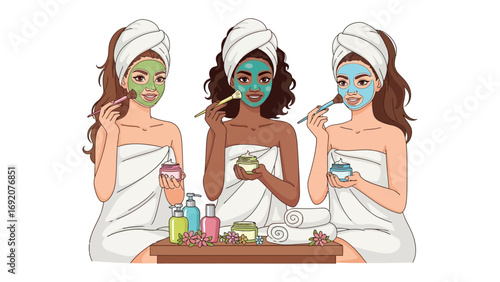 Three diverse young women enjoying a relaxing spa day at home applying facial masks and pampering themselves with beauty products