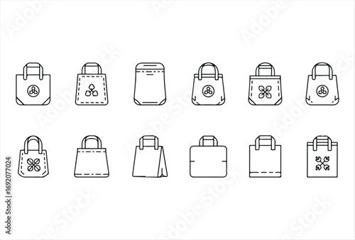 This reusable bag icon set showcases a variety of eco-conscious bag designs, from shopping totes to backpacks. With a clear and minimal look, the icons are ideal for representing sustainability, zero 