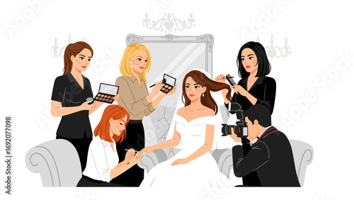 Bride getting ready for wedding with makeup artist hairstylist and photographer documenting the special moment in a beautiful room