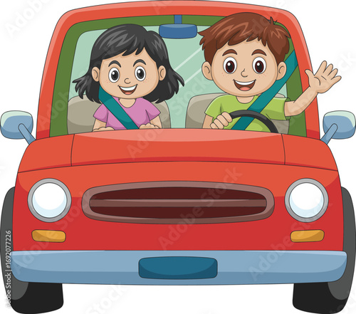 Cartoon kids in red car, front view illustration, safe driving, cheerful expression, seat belt use, travel scene, child passengers, road safety concept