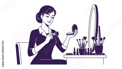 Elegant woman applying makeup in front of a mirror with brushes and cosmetics on a vanity table preparing for a special occasion