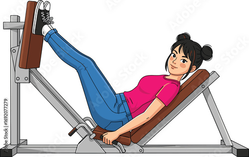 Cartoon leg press exercise illustration, gym workout equipment vector, lower body strength training pose, fitness character design, quadriceps activation artwork, health activity icon