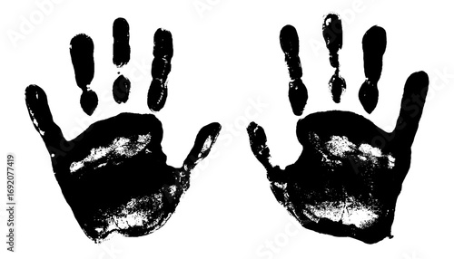 Hand print with left and right palm. Grunge black kids handprint isolated
