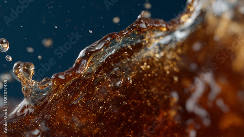 Macro shooting of a splash of brown soda on a blue background in a photo studio