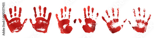 Bloody hand print silhouettes set. Grunge red handprint isolated