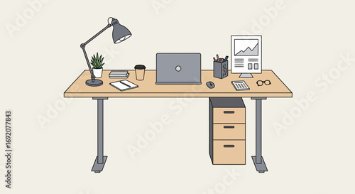 Illustration of a tidy office desk setup with laptop and business chart