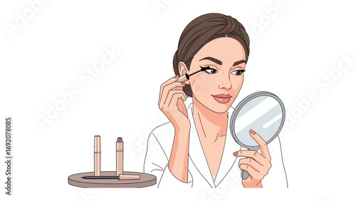 Young woman applying mascara to her eyelashes while holding a mirror and wearing a white robe and towel with makeup brushes nearby