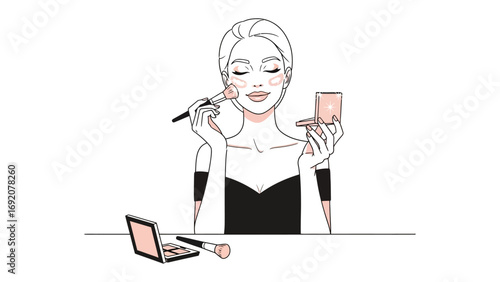Elegant woman applying makeup with a brush and compact mirror showcasing beauty routine and cosmetic products in a stylish illustration
