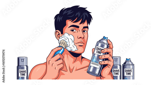 Close up illustration of a young man with dark hair applying shaving cream to his face with a razor in a brightly lit studio setting