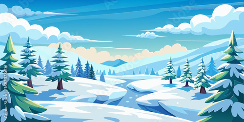 vector graphics, landscape, sky, clouds, forest, mountains, stream, snow, ice, trees, bushes, pine needles, thawed patches, snowdrifts, fjords, meadows, glades, wind, freshness