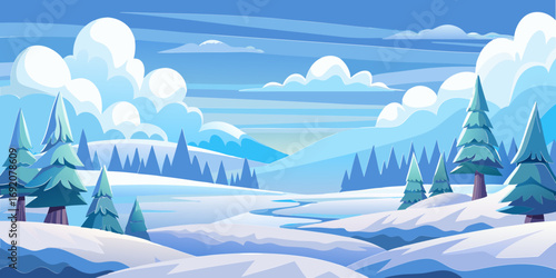 vector graphics, landscape, sky, clouds, forest, mountains, stream, snow, ice, trees, bushes, pine needles, thawed patches, snowdrifts, fjords, meadows, glades, wind, freshness